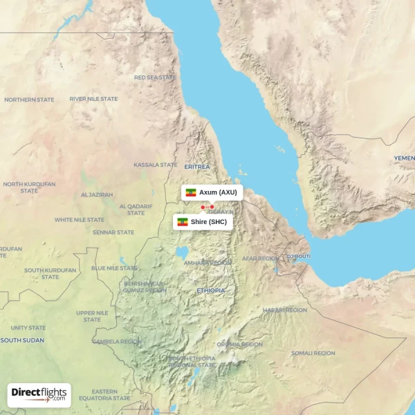 Shire - Axum direct flight map