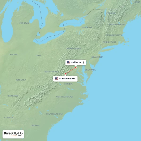 Staunton - Dulles direct flight map