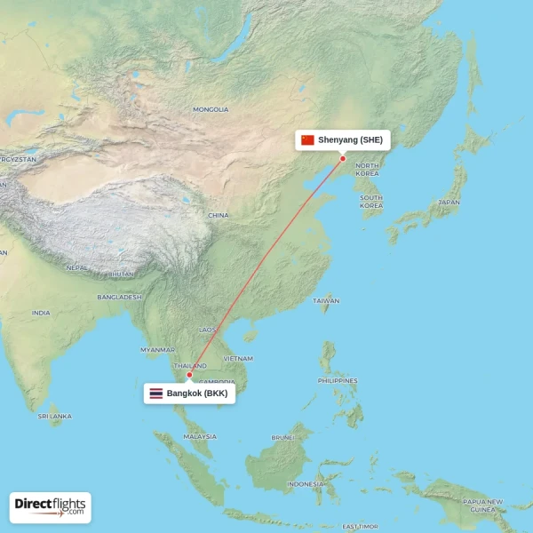 Shenyang - Bangkok direct flight map