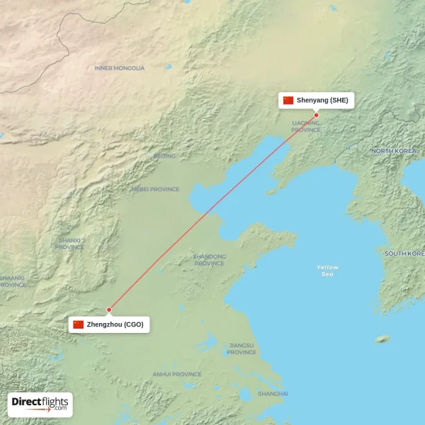 Shenyang - Zhengzhou direct flight map