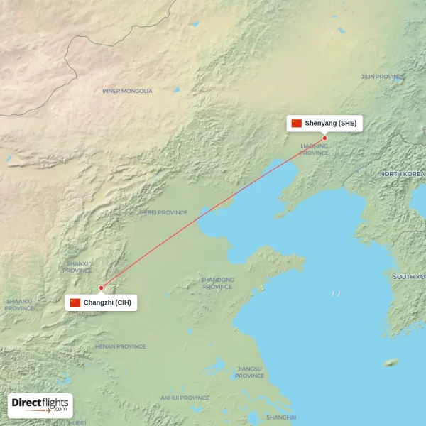 Shenyang - Changzhi direct flight map
