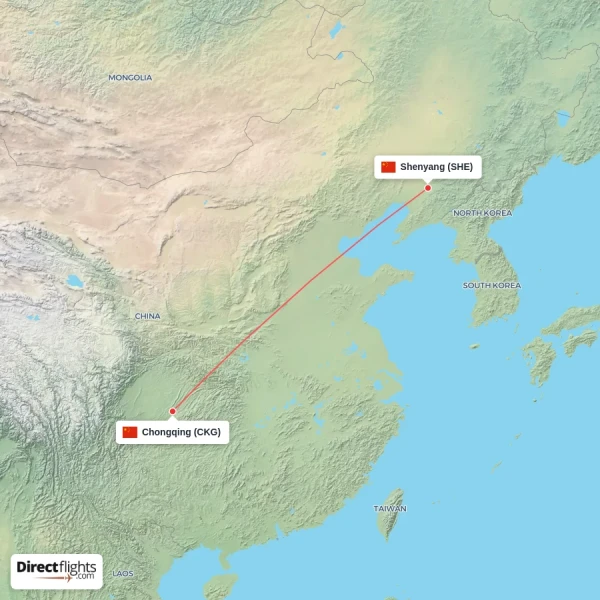 Shenyang - Chongqing direct flight map