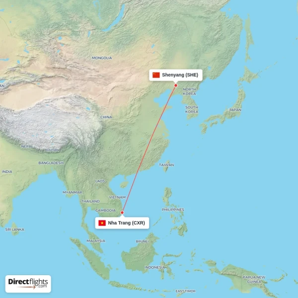 Shenyang - Nha Trang direct flight map