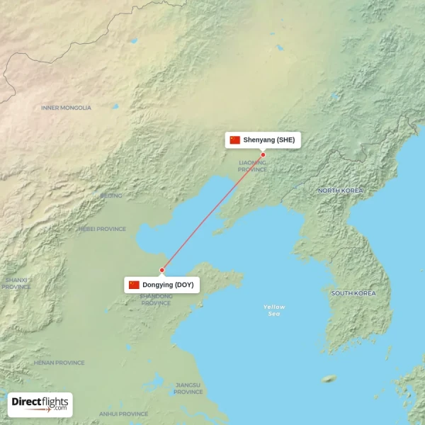 Shenyang - Dongying direct flight map