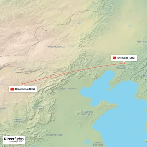 Shenyang - Dongsheng direct flight map