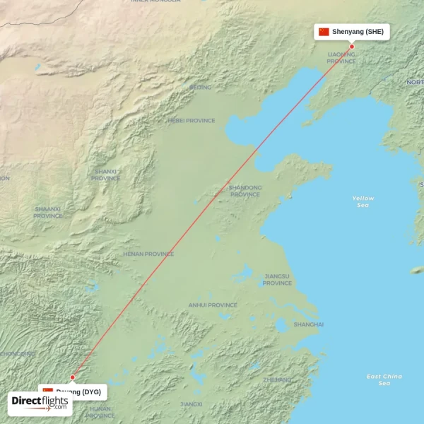 Shenyang - Dayong direct flight map
