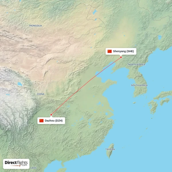 Shenyang - Dazhou direct flight map