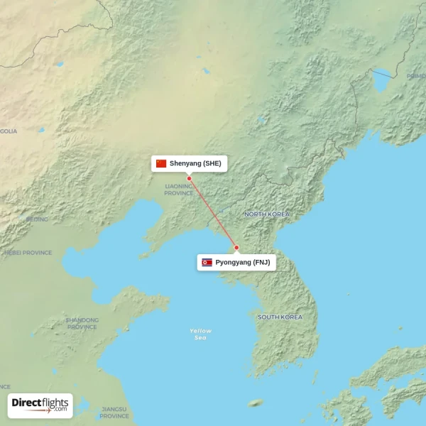 Shenyang - Pyongyang direct flight map