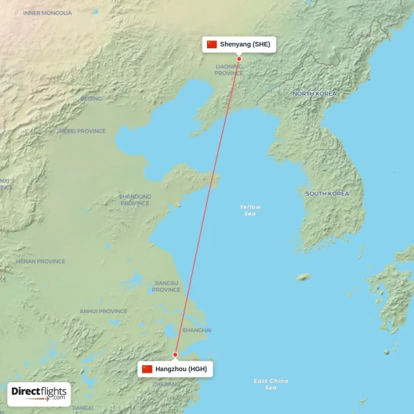 Shenyang - Hangzhou direct flight map