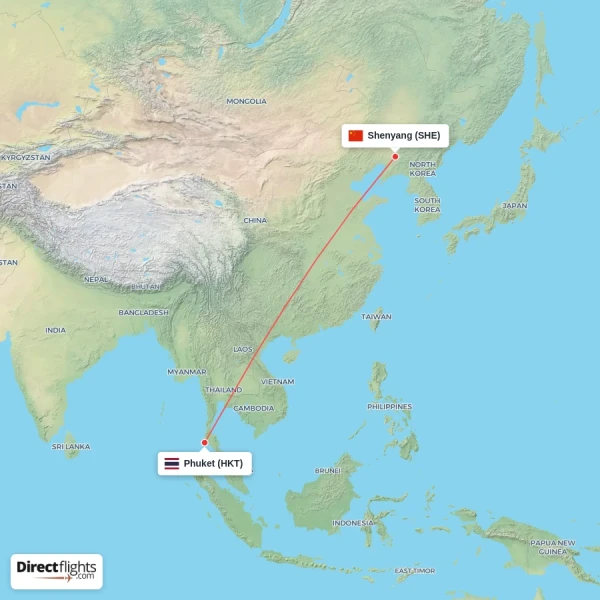 Shenyang - Phuket direct flight map