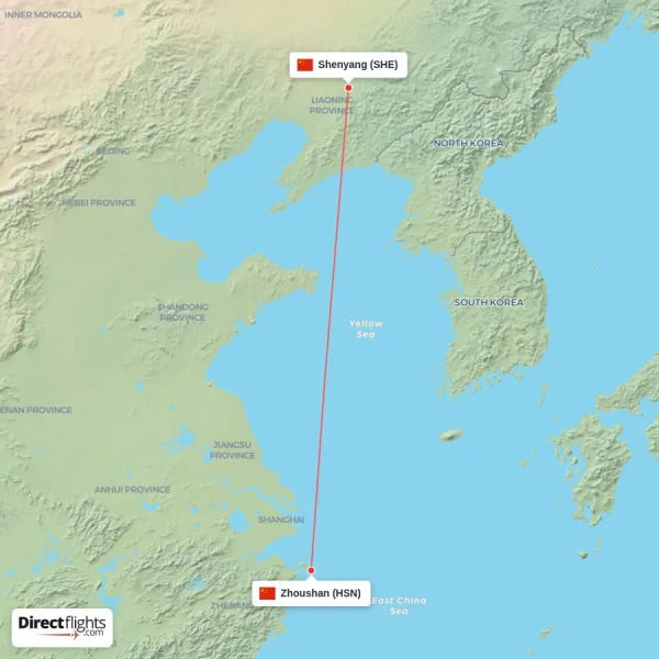 Shenyang - Zhoushan direct flight map