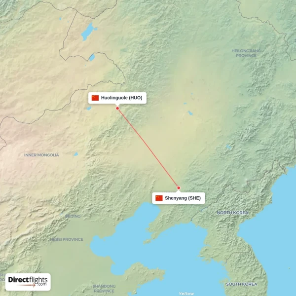 Shenyang - Huolinguole direct flight map