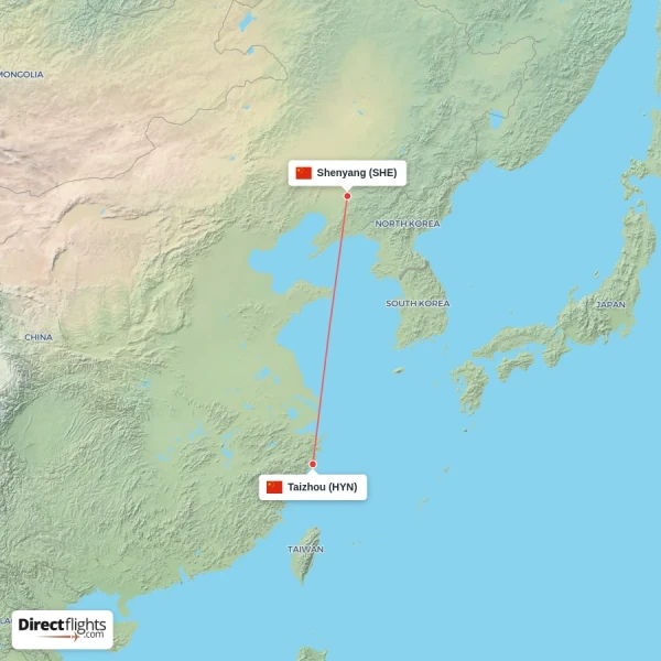 Shenyang - Taizhou direct flight map