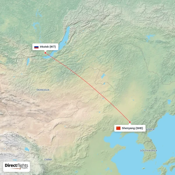 Shenyang - Irkutsk direct flight map
