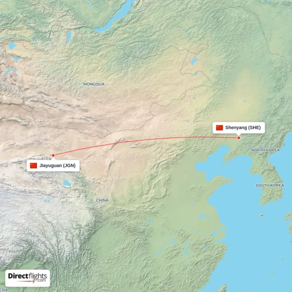 Shenyang - Jiayuguan direct flight map