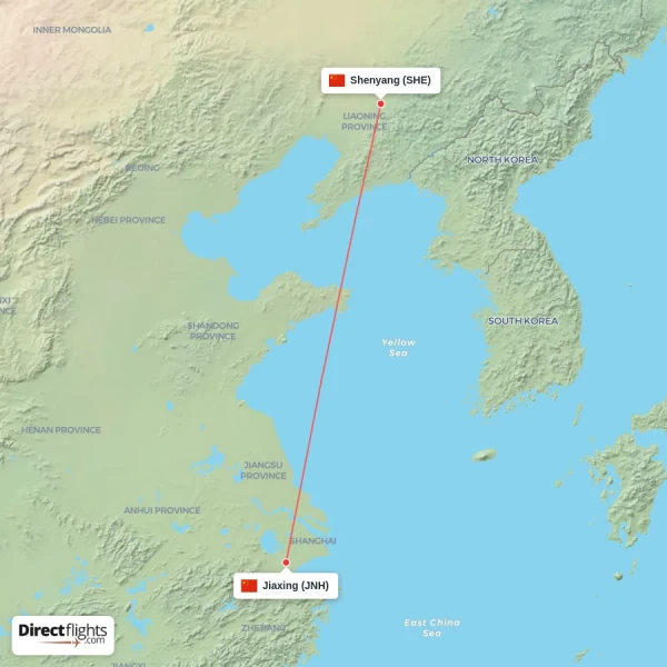 Shenyang - Jiaxing direct flight map