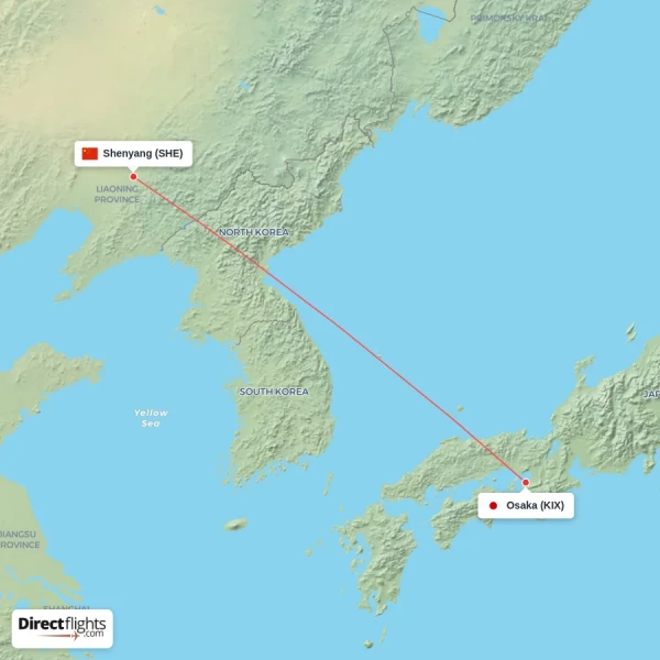 Shenyang - Osaka direct flight map