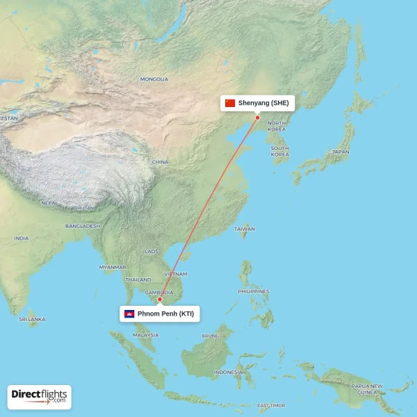 Shenyang - Phnom Penh direct flight map