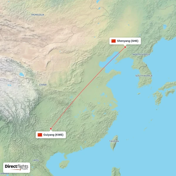 Shenyang - Guiyang direct flight map