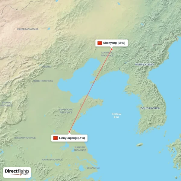 Shenyang - Lianyungang direct flight map