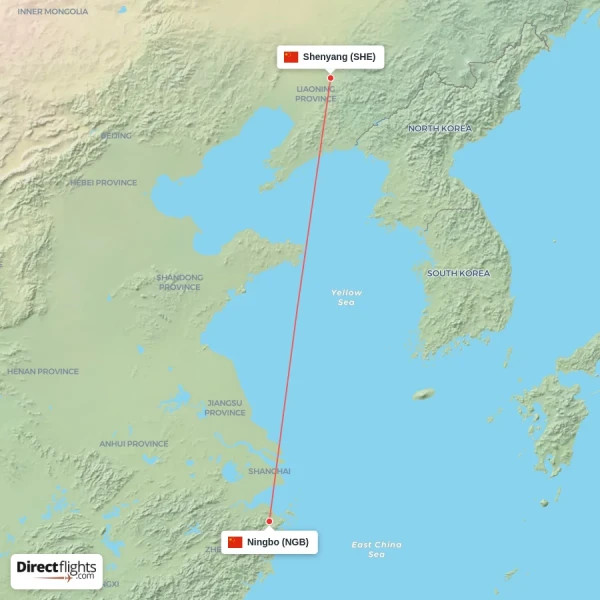 Shenyang - Ningbo direct flight map
