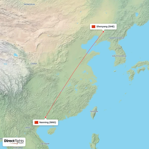 Shenyang - Nanning direct flight map
