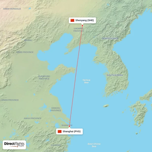 Shenyang - Shanghai direct flight map