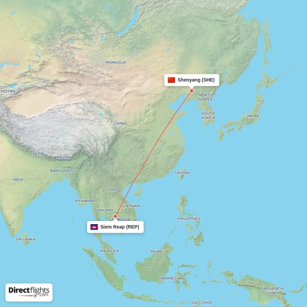 Shenyang - Siem Reap direct flight map