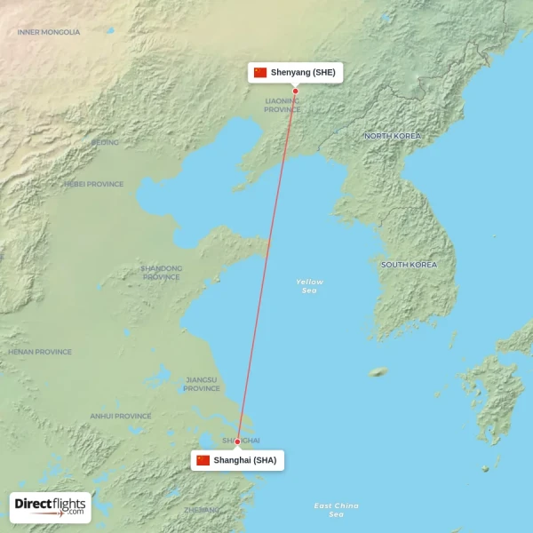 Shenyang - Shanghai direct flight map