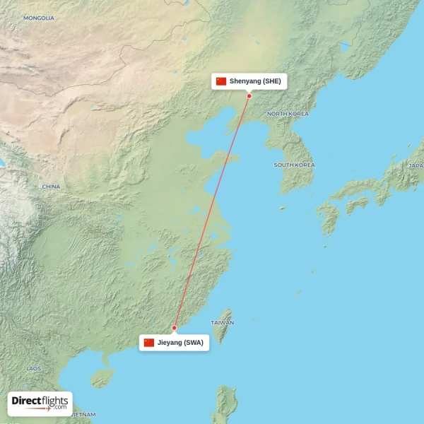 Shenyang - Jieyang direct flight map