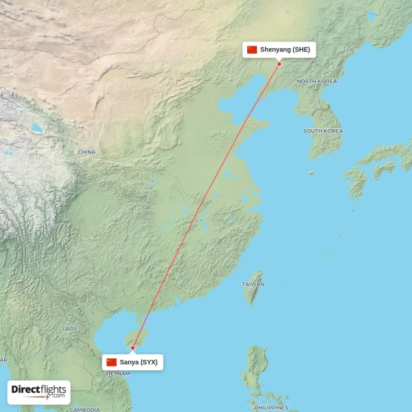 Shenyang - Sanya direct flight map