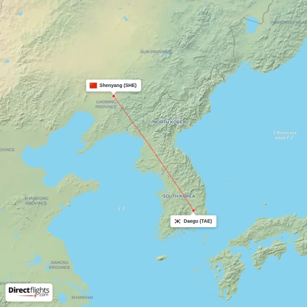 Shenyang - Daegu direct flight map