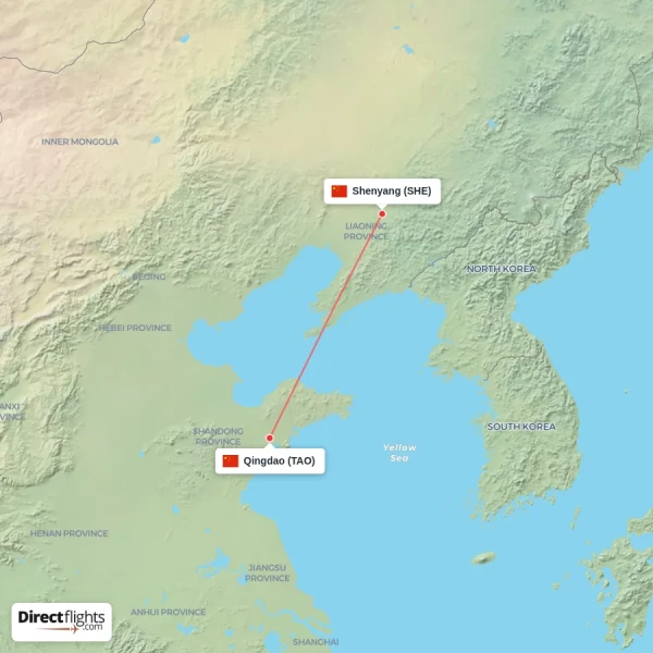 Shenyang - Qingdao direct flight map