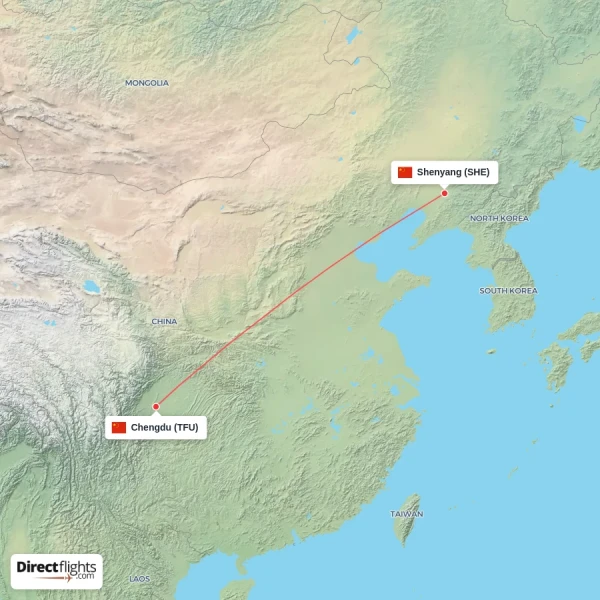 Shenyang - Chengdu direct flight map