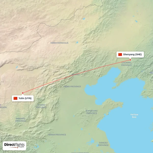 Shenyang - Yulin direct flight map