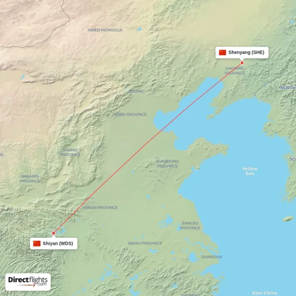 Shenyang - Shiyan direct flight map