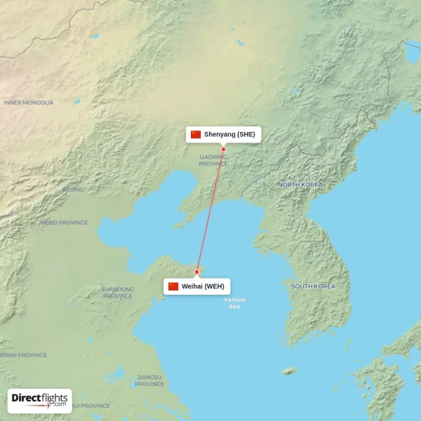 Shenyang - Weihai direct flight map