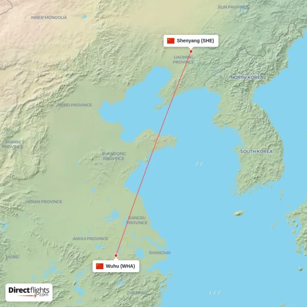 Shenyang - Wuhu direct flight map