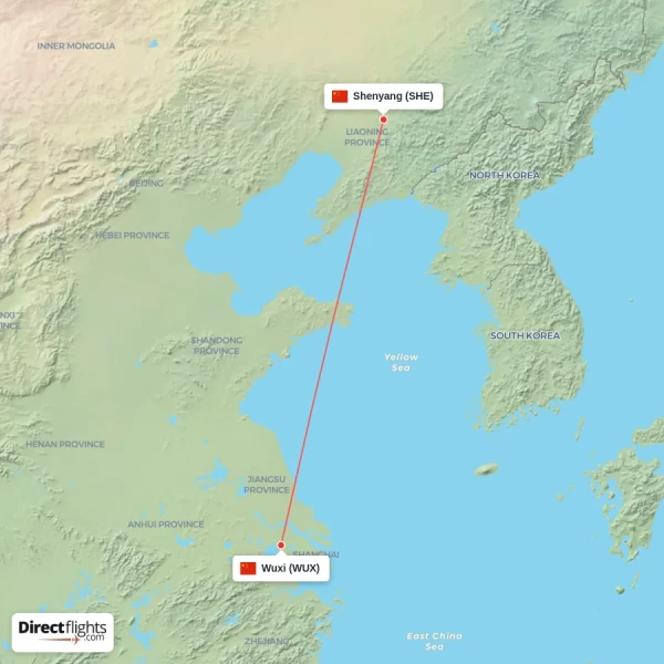 Shenyang - Wuxi direct flight map