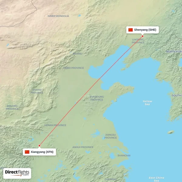 Shenyang - Xiangyang direct flight map