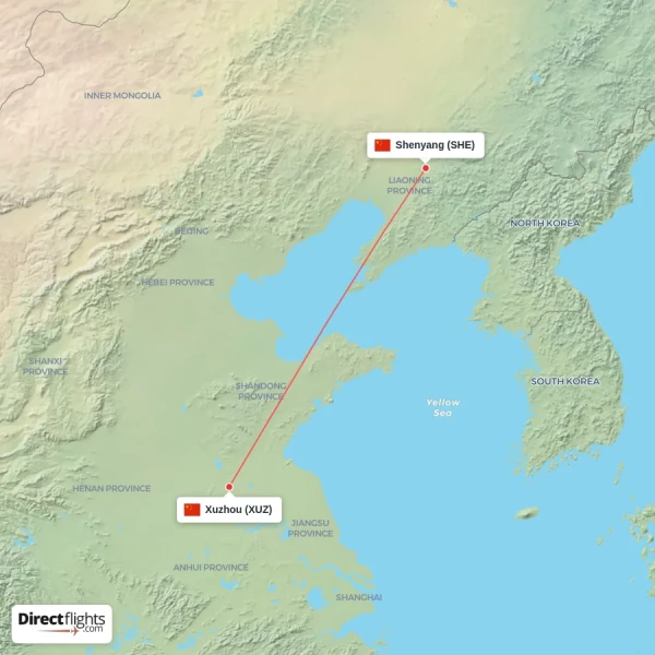 Shenyang - Xuzhou direct flight map