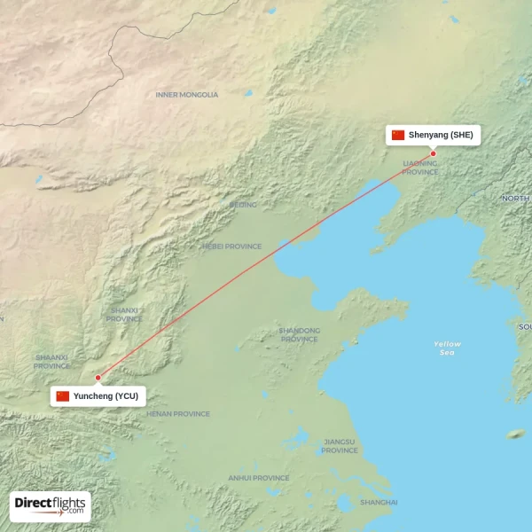 Shenyang - Yuncheng direct flight map