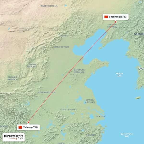 Shenyang - Yichang direct flight map