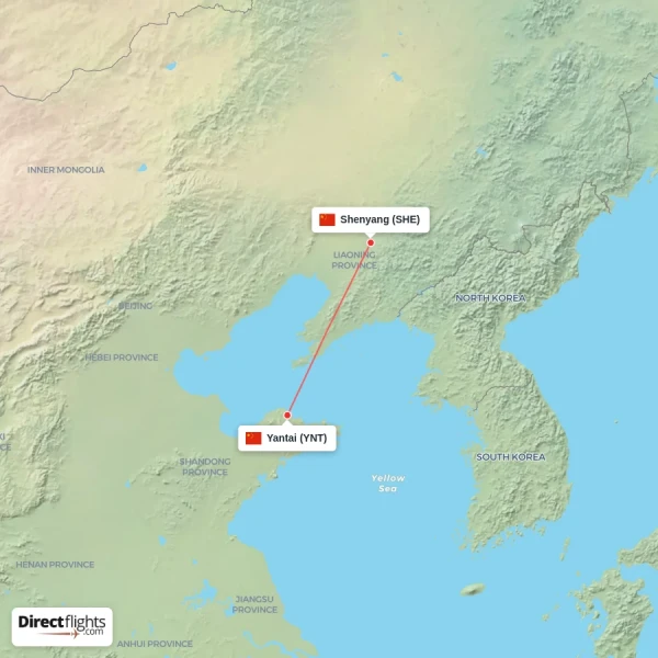 Shenyang - Yantai direct flight map