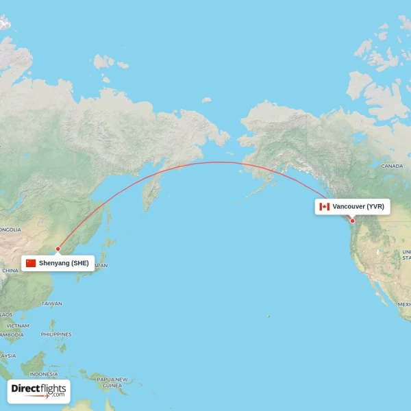 Shenyang - Vancouver direct flight map