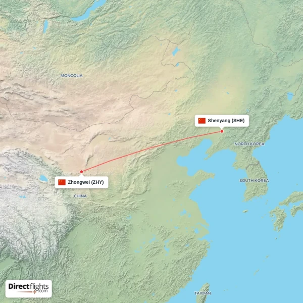 Shenyang - Zhongwei direct flight map