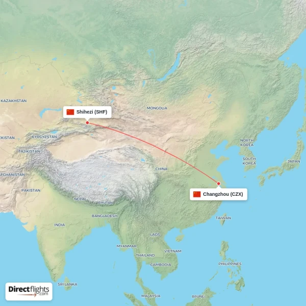 Shihezi - Changzhou direct flight map