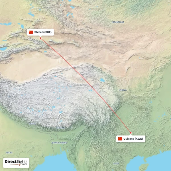 Shihezi - Guiyang direct flight map