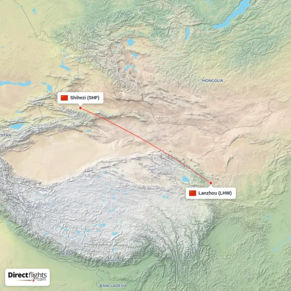 Shihezi - Lanzhou direct flight map