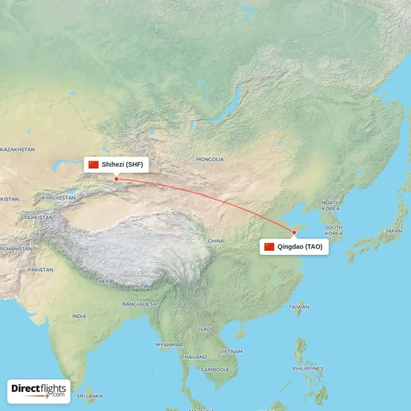 Shihezi - Qingdao direct flight map